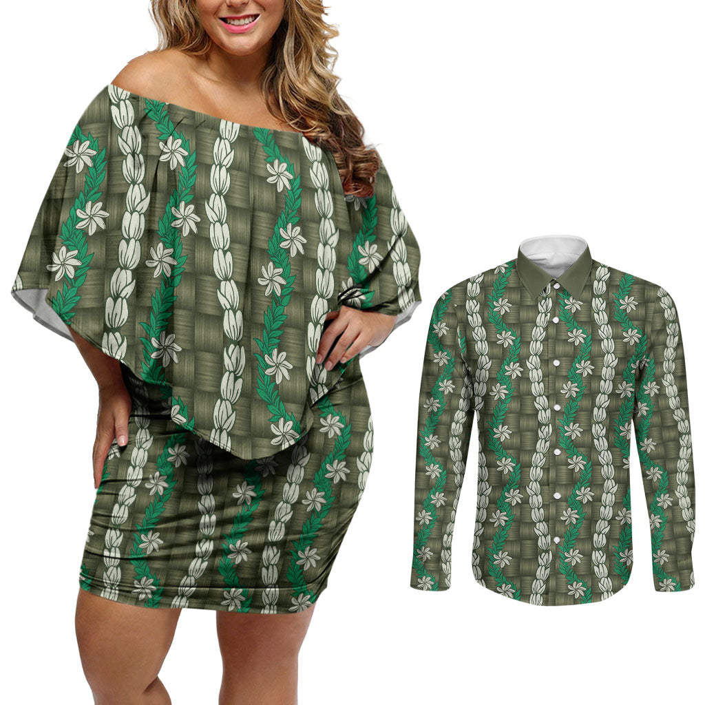 Pikake Maile Tiare Lei Couples Matching Off Shoulder Short Dress and Long Sleeve Button Shirt Omaomao Lauhala Pattern LT01 Green - Polynesian Pride