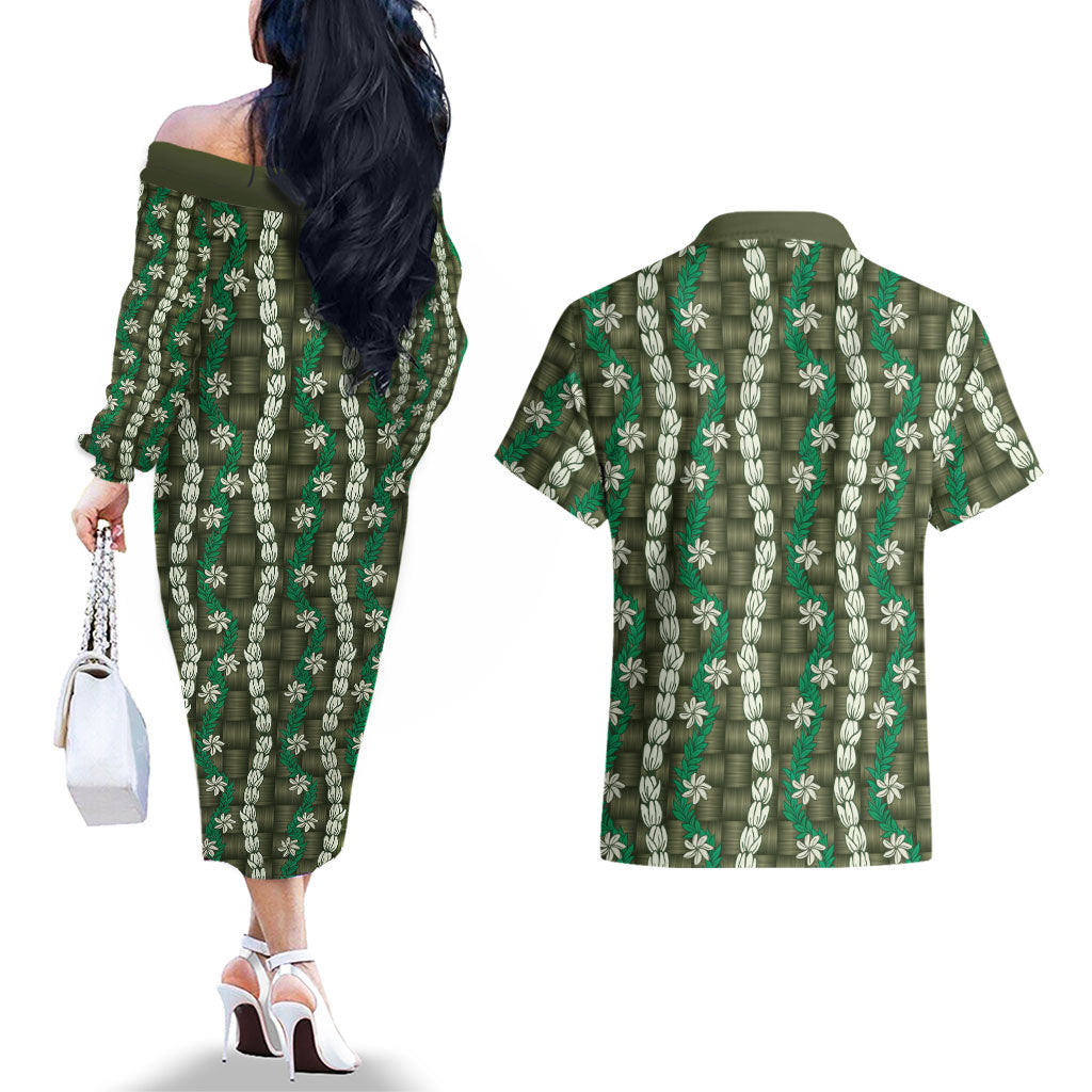Pikake Maile Tiare Lei Couples Matching Off The Shoulder Long Sleeve Dress and Hawaiian Shirt Omaomao Lauhala Pattern LT01 - Polynesian Pride
