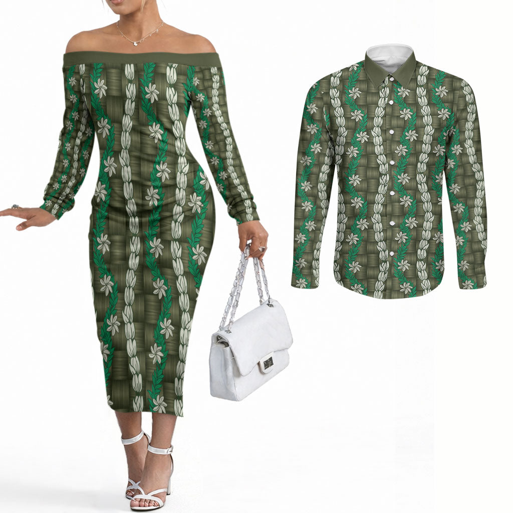 Pikake Maile Tiare Lei Couples Matching Off The Shoulder Long Sleeve Dress and Long Sleeve Button Shirt Omaomao Lauhala Pattern LT01 Green - Polynesian Pride