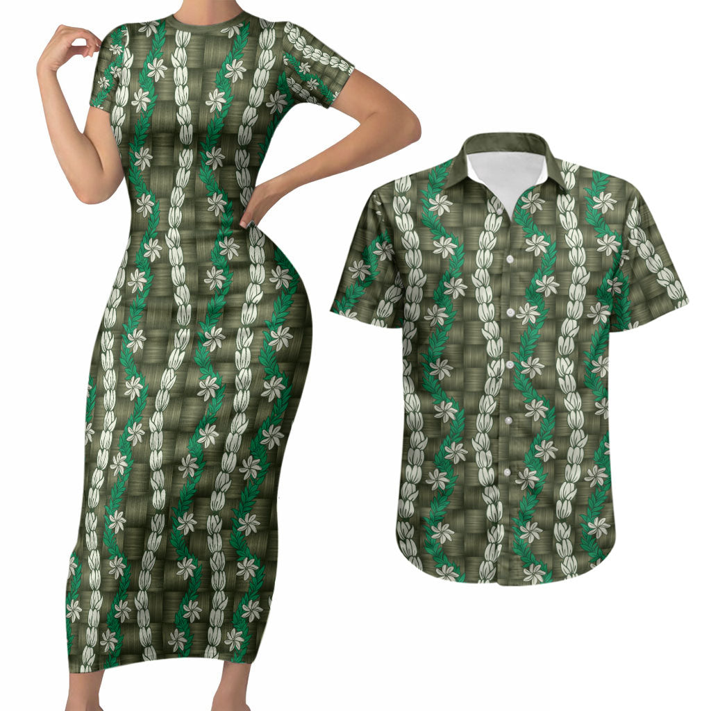 Pikake Maile Tiare Lei Couples Matching Short Sleeve Bodycon Dress and Hawaiian Shirt Omaomao Lauhala Pattern LT01 Green - Polynesian Pride