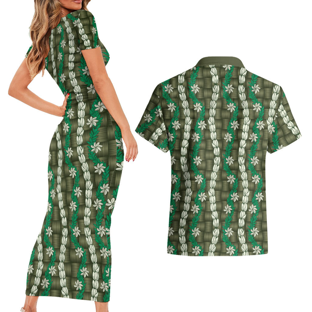 Pikake Maile Tiare Lei Couples Matching Short Sleeve Bodycon Dress and Hawaiian Shirt Omaomao Lauhala Pattern