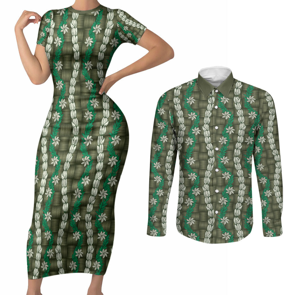 Pikake Maile Tiare Lei Couples Matching Short Sleeve Bodycon Dress and Long Sleeve Button Shirt Omaomao Lauhala Pattern LT01 Green - Polynesian Pride