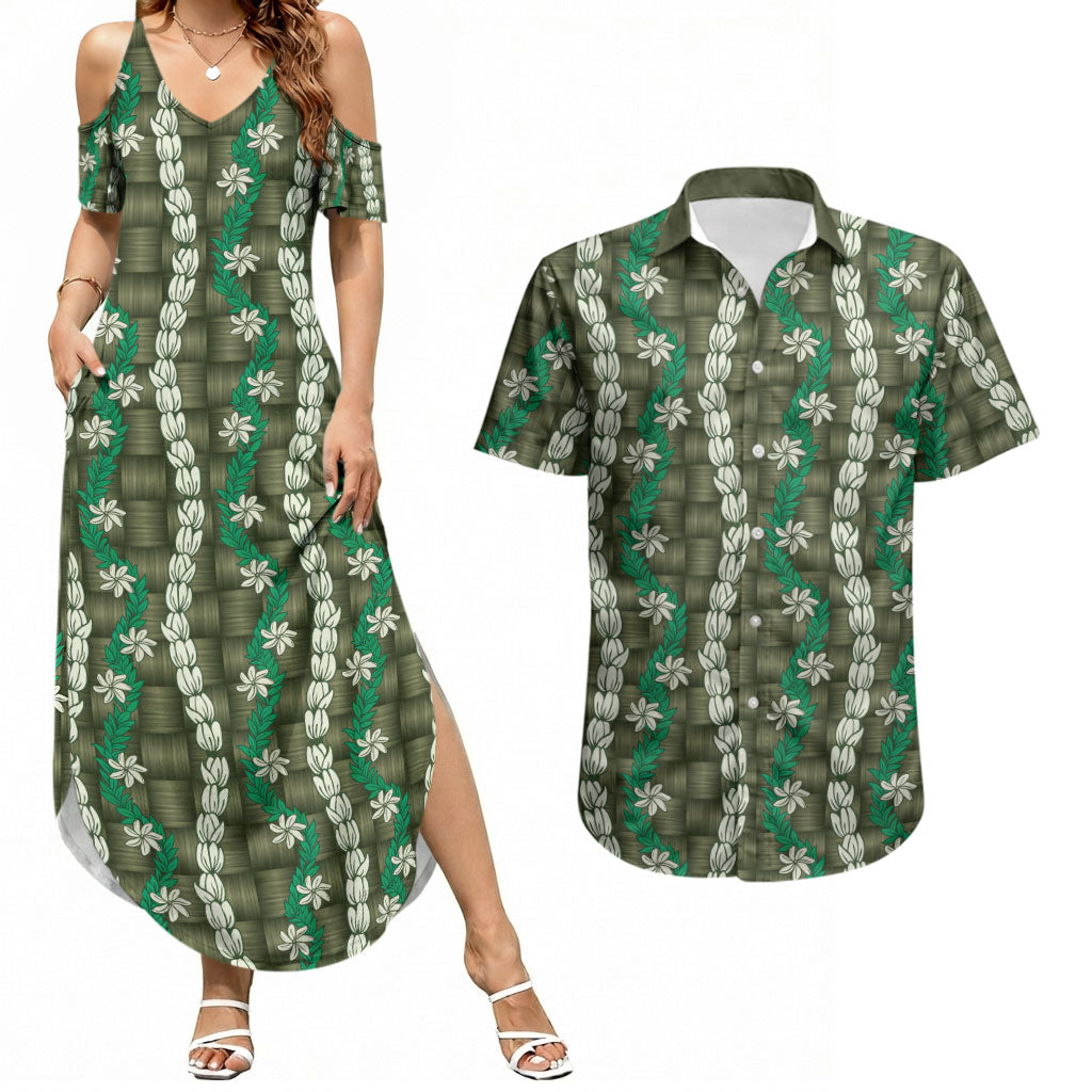 Pikake Maile Tiare Lei Couples Matching Summer Maxi Dress and Hawaiian Shirt Omaomao Lauhala Pattern LT01 Green - Polynesian Pride