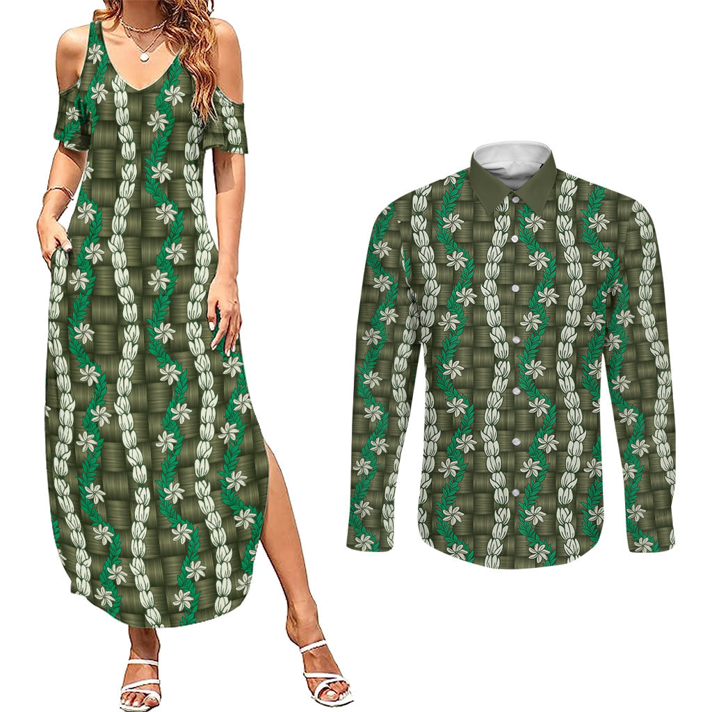 Pikake Maile Tiare Lei Couples Matching Summer Maxi Dress and Long Sleeve Button Shirt Omaomao Lauhala Pattern