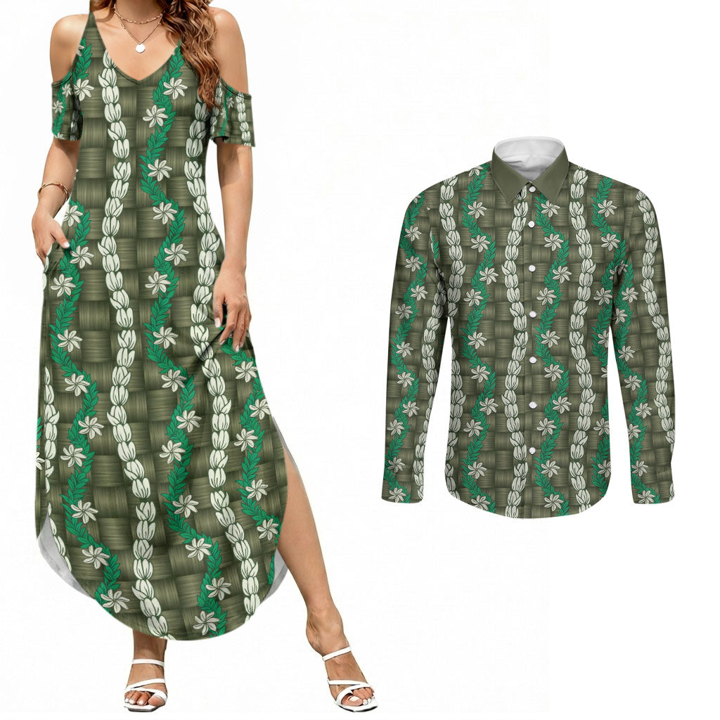 Pikake Maile Tiare Lei Couples Matching Summer Maxi Dress and Long Sleeve Button Shirt Omaomao Lauhala Pattern LT01 Green - Polynesian Pride