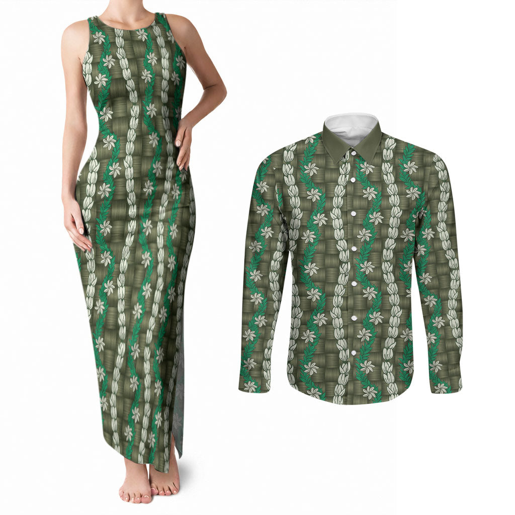 Pikake Maile Tiare Lei Couples Matching Tank Maxi Dress and Long Sleeve Button Shirt Omaomao Lauhala Pattern LT01 Green - Polynesian Pride