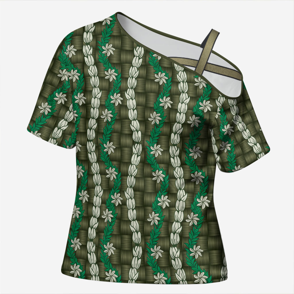 Pikake Maile Tiare Lei Cross Shoulder Shirt Omaomao Lauhala Pattern LT01 Female Green - Polynesian Pride
