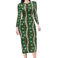 Pikake Maile Tiare Lei Family Matching Long Sleeve Bodycon Dress and Hawaiian Shirt Omaomao Lauhala Pattern LT01 Mom's Dress Green - Polynesian Pride