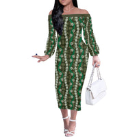 Pikake Maile Tiare Lei Family Matching Off The Shoulder Long Sleeve Dress and Hawaiian Shirt Omaomao Lauhala Pattern LT01 Mom's Dress Green - Polynesian Pride