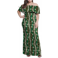 Pikake Maile Tiare Lei Family Matching Off Shoulder Maxi Dress and Hawaiian Shirt Omaomao Lauhala Pattern LT01 Mom's Dress Green - Polynesian Pride