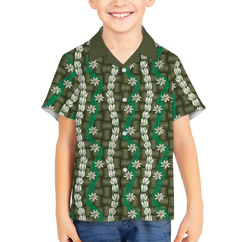 Pikake Maile Tiare Lei Family Matching Off Shoulder Maxi Dress and Hawaiian Shirt Omaomao Lauhala Pattern LT01 Son's Shirt Green - Polynesian Pride