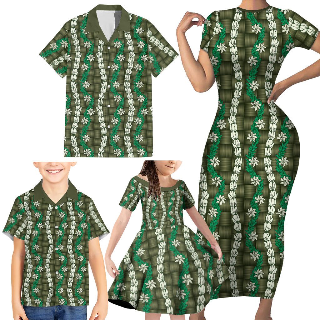 Pikake Maile Tiare Lei Family Matching Short Sleeve Bodycon Dress and Hawaiian Shirt Omaomao Lauhala Pattern LT01 - Polynesian Pride