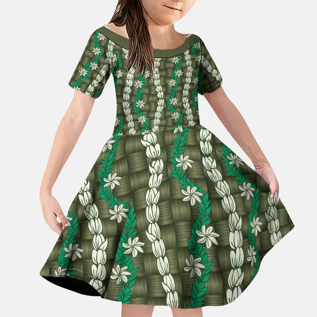 Pikake Maile Tiare Lei Family Matching Summer Maxi Dress and Hawaiian Shirt Omaomao Lauhala Pattern LT01 Daughter's Dress Green - Polynesian Pride