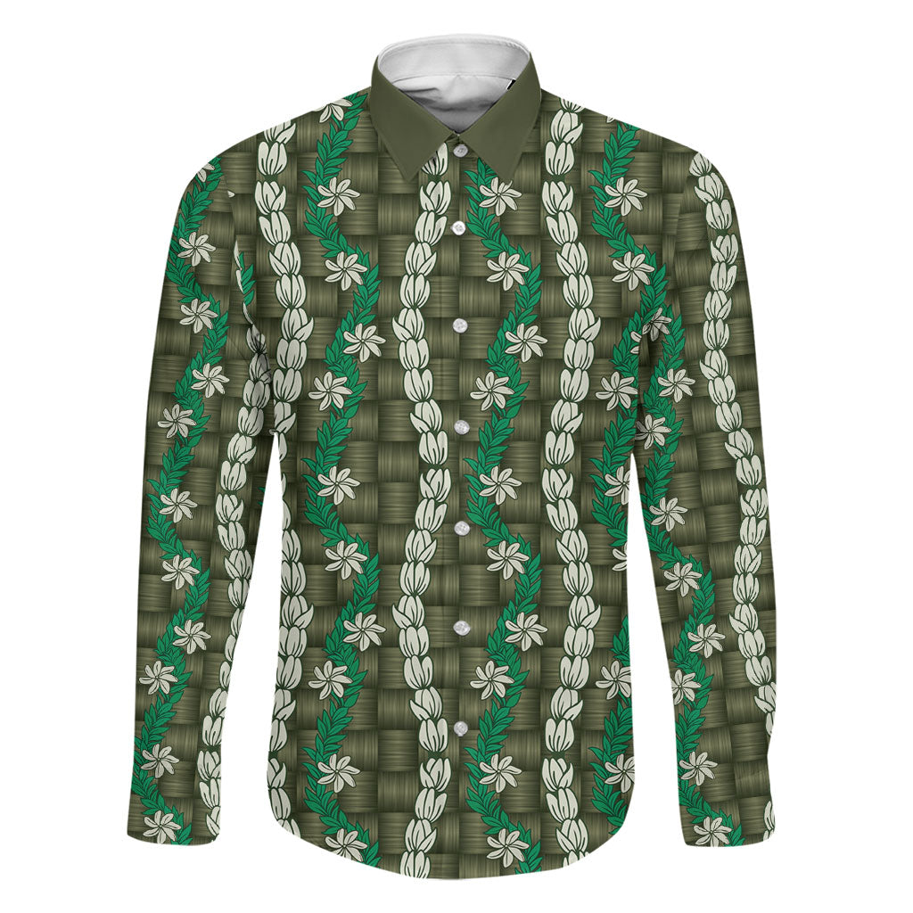 Pikake Maile Tiare Lei Family Matching Tank Maxi Dress and Hawaiian Shirt Omaomao Lauhala Pattern LT01 Dad's Shirt - Long Sleeve Green - Polynesian Pride