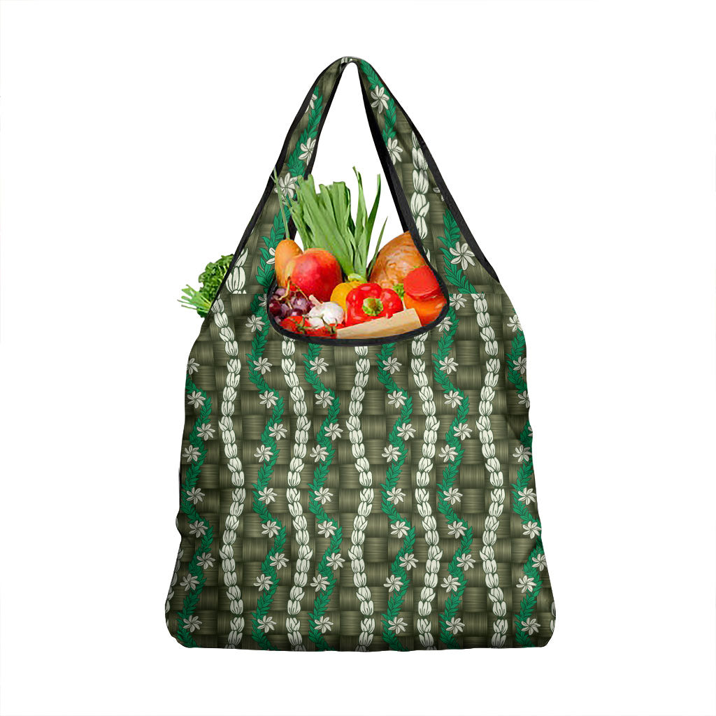 Pikake Maile Tiare Lei Grocery Bag Omaomao Lauhala Pattern LT01 1-pack One Size Green - Polynesian Pride