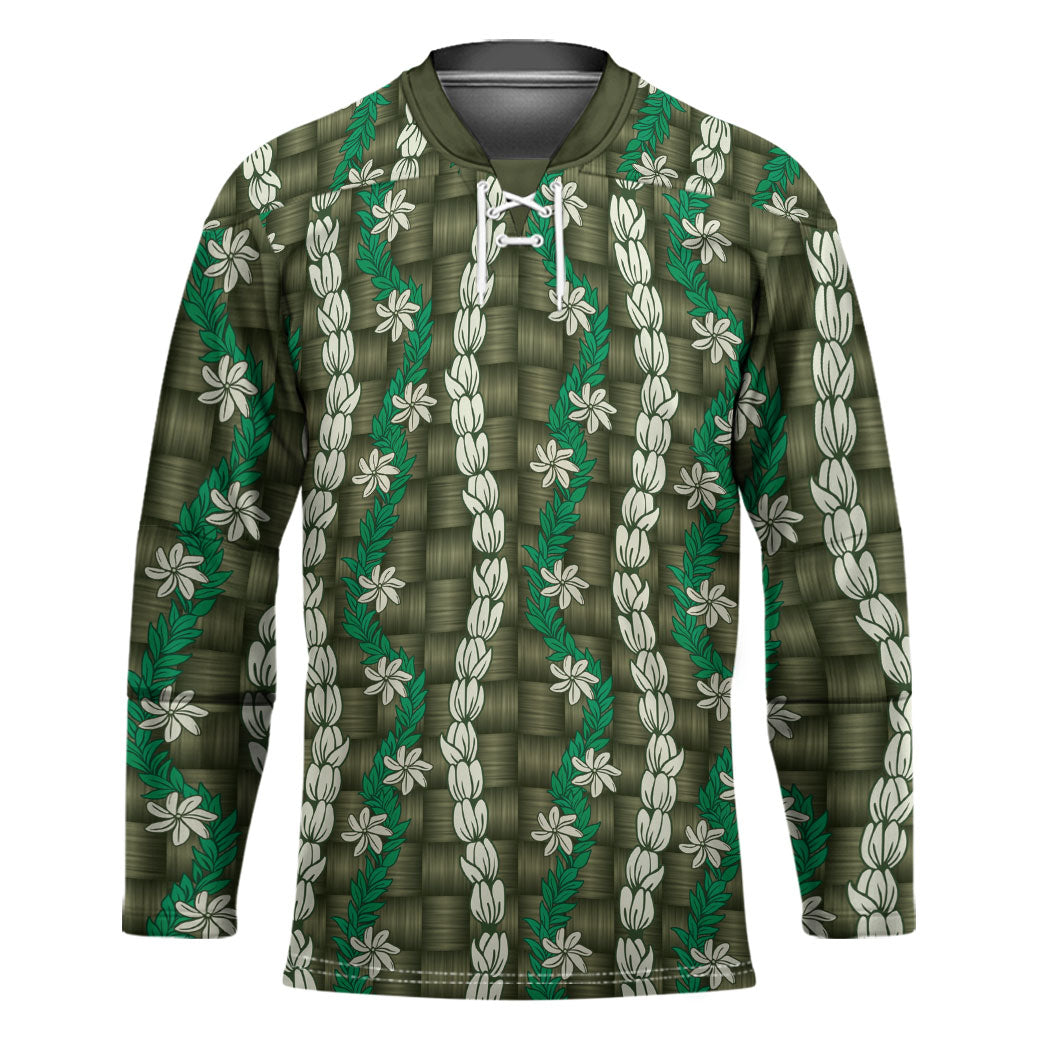 Pikake Maile Tiare Lei Hockey Jersey Omaomao Lauhala Pattern LT01 Unisex Green - Polynesian Pride