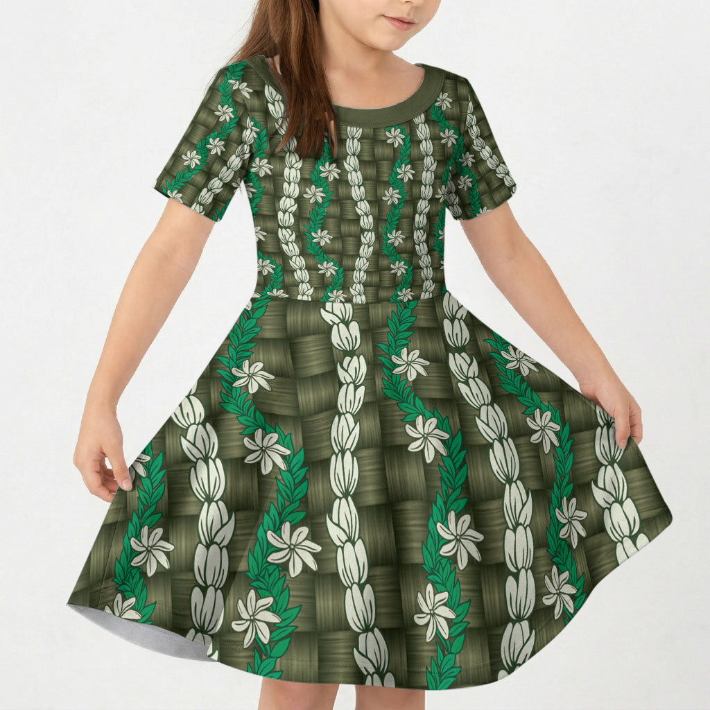 Pikake Maile Tiare Lei Kid Short Sleeve Dress Omaomao Lauhala Pattern LT01 KID Green - Polynesian Pride