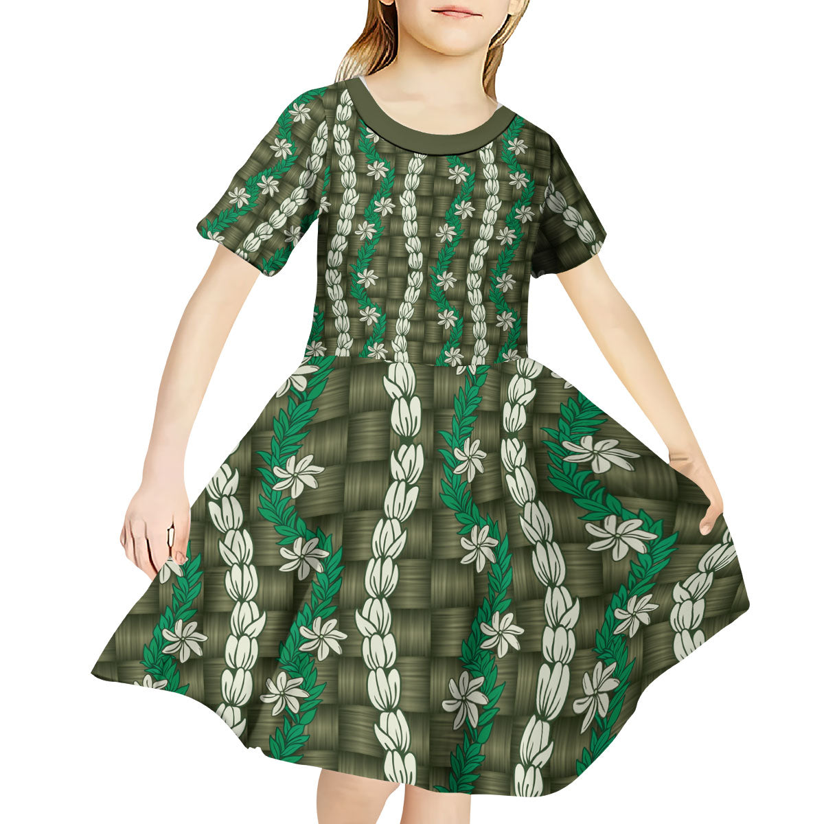 Pikake Maile Tiare Lei Kid Short Sleeve Dress Omaomao Lauhala Pattern