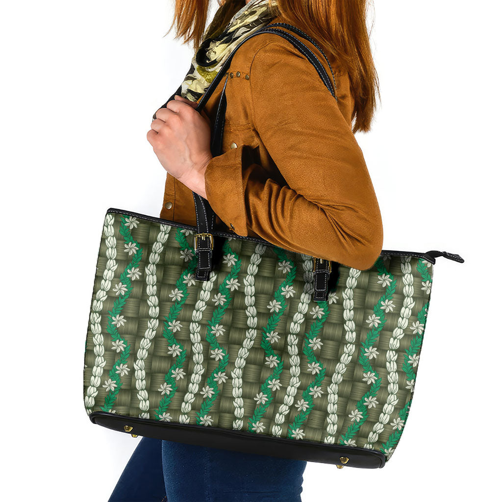 Pikake Maile Tiare Lei Leather Tote Bag Omaomao Lauhala Pattern LT01 Green - Polynesian Pride
