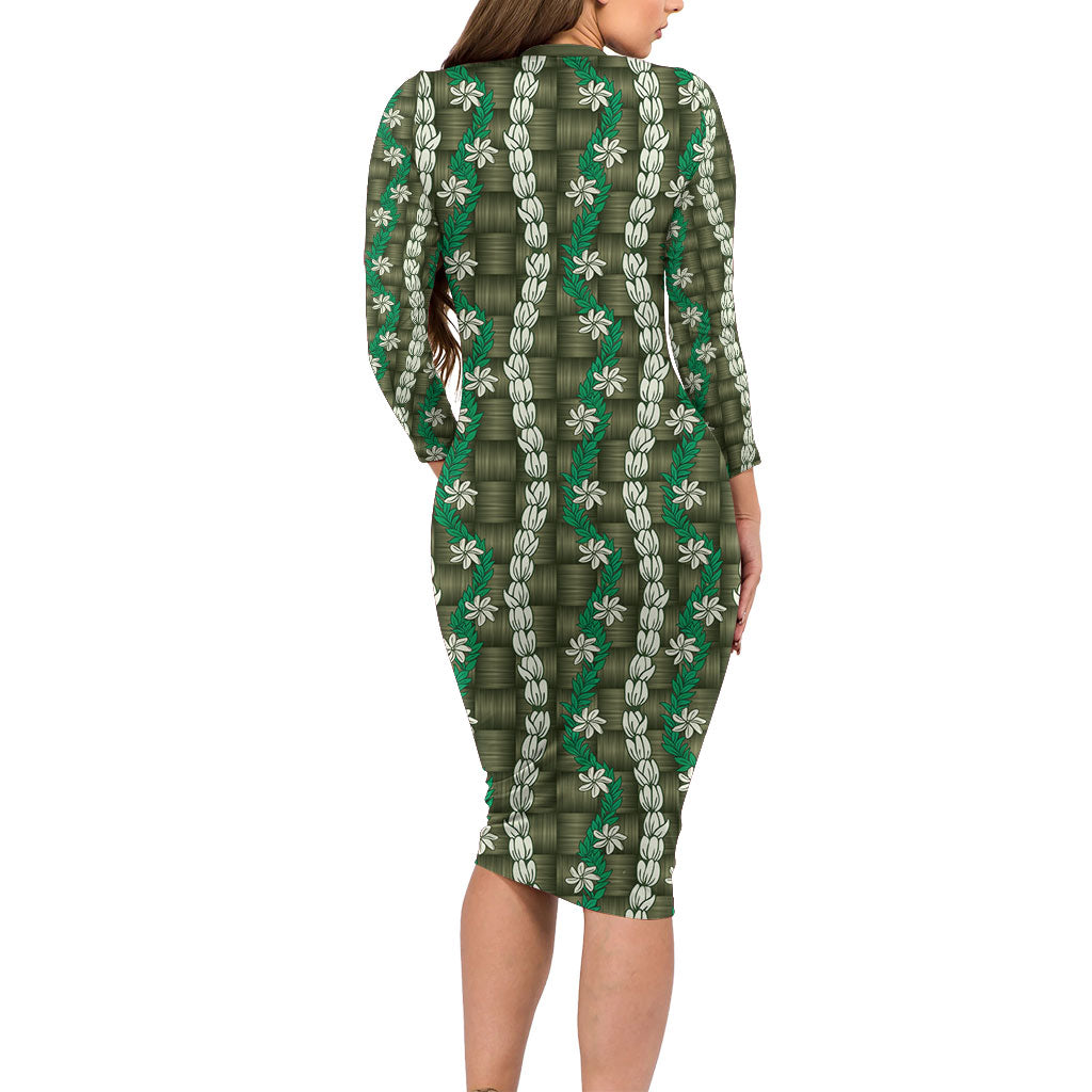 Pikake Maile Tiare Lei Long Sleeve Bodycon Dress Omaomao Lauhala Pattern