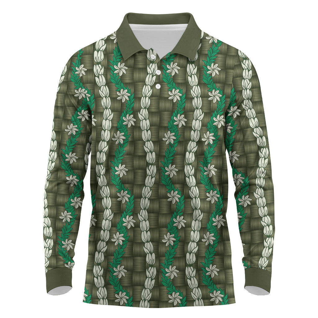 Pikake Maile Tiare Lei Long Sleeve Polo Shirt Omaomao Lauhala Pattern LT01 Green - Polynesian Pride