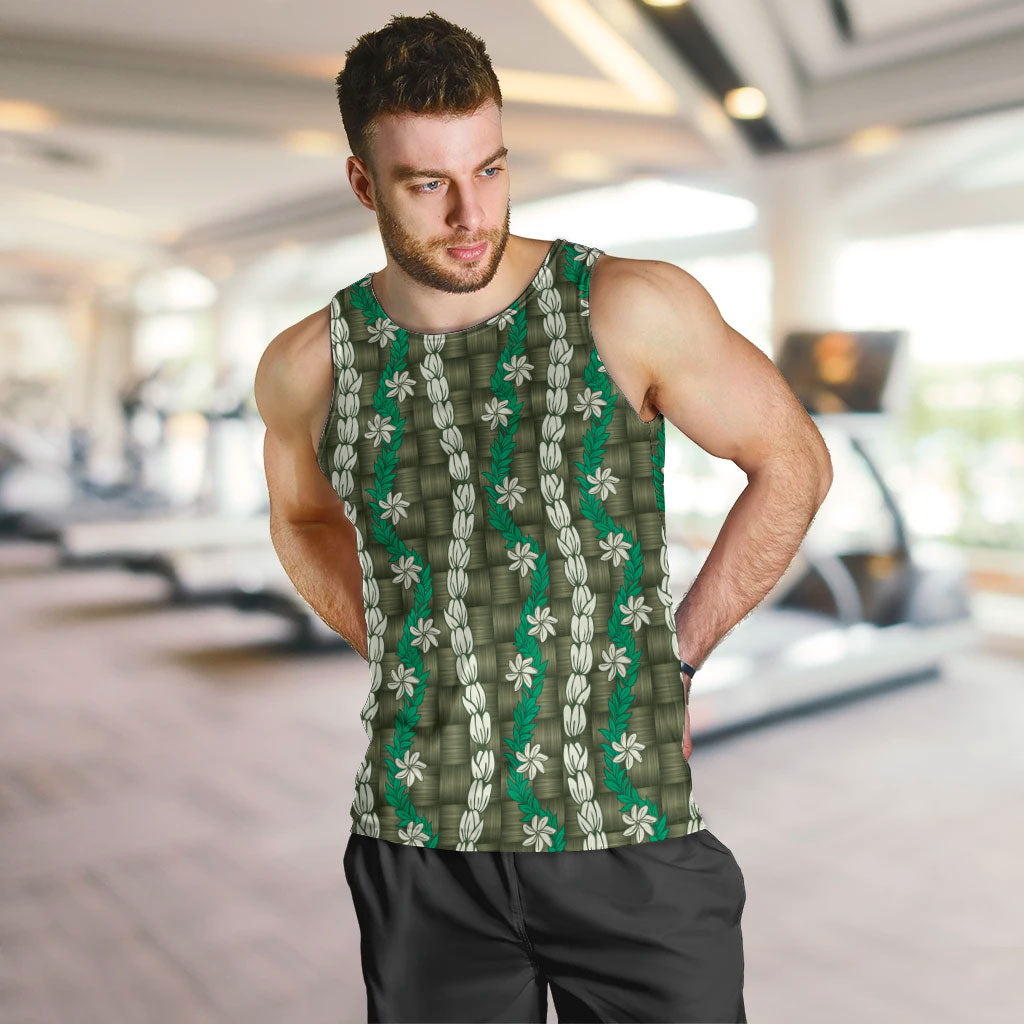 Pikake Maile Tiare Lei Men Tank Top Omaomao Lauhala Pattern LT01 Green - Polynesian Pride