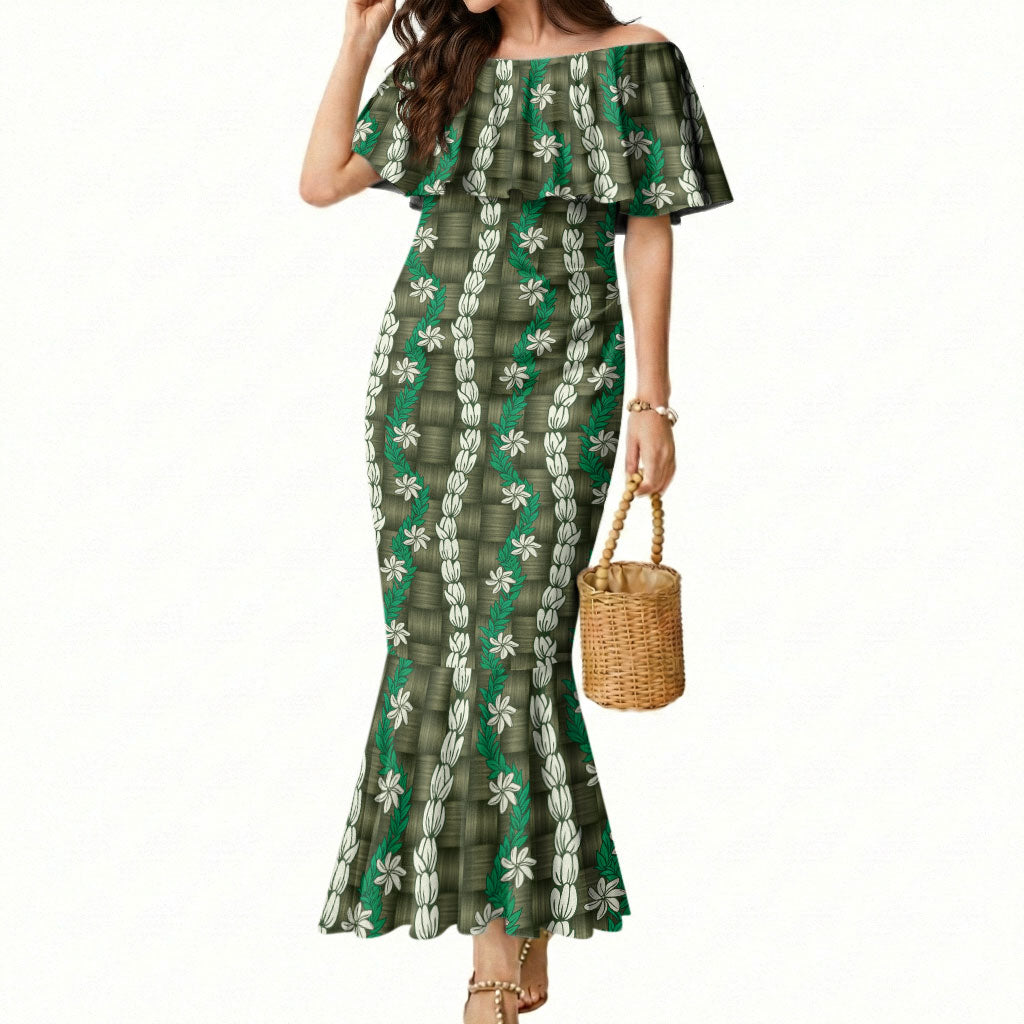 Pikake Maile Tiare Lei Mermaid Dress Omaomao Lauhala Pattern LT01 Women Green - Polynesian Pride