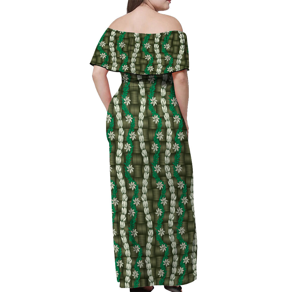 Pikake Maile Tiare Lei Off Shoulder Maxi Dress Omaomao Lauhala Pattern