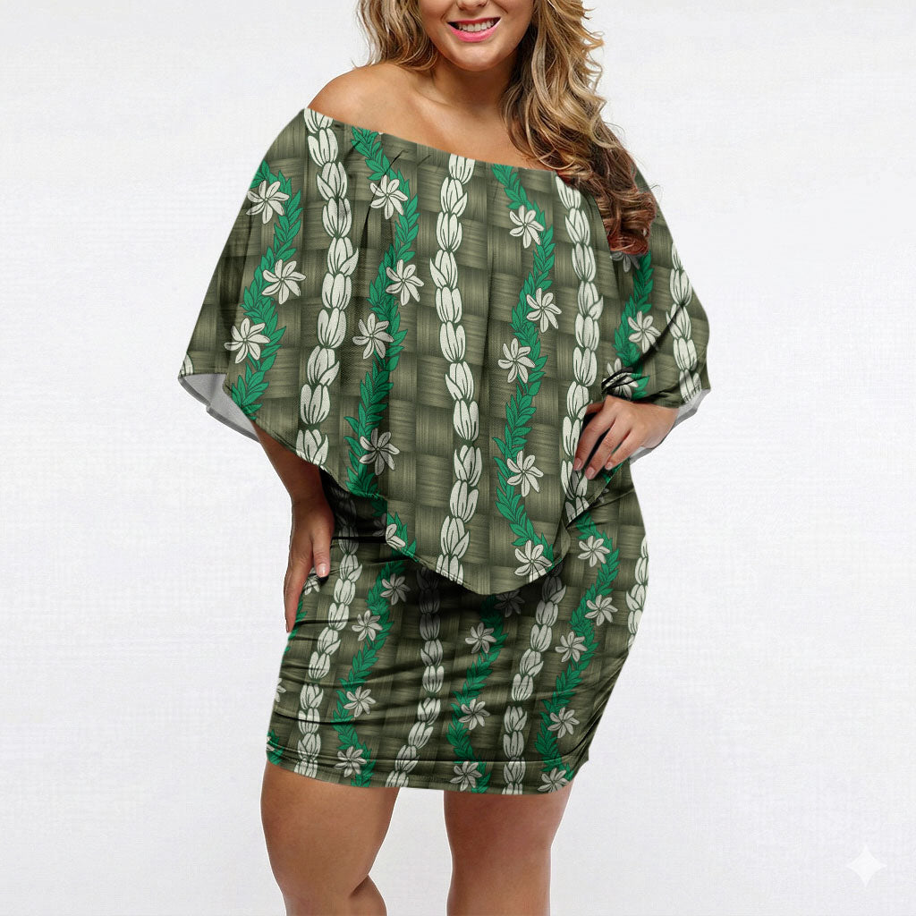 Pikake Maile Tiare Lei Off Shoulder Short Dress Omaomao Lauhala Pattern LT01 Women Green - Polynesian Pride