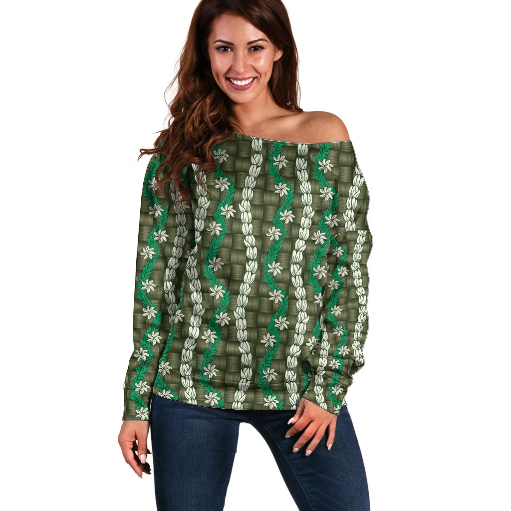 Pikake Maile Tiare Lei Off Shoulder Sweater Omaomao Lauhala Pattern LT01 Women Green - Polynesian Pride