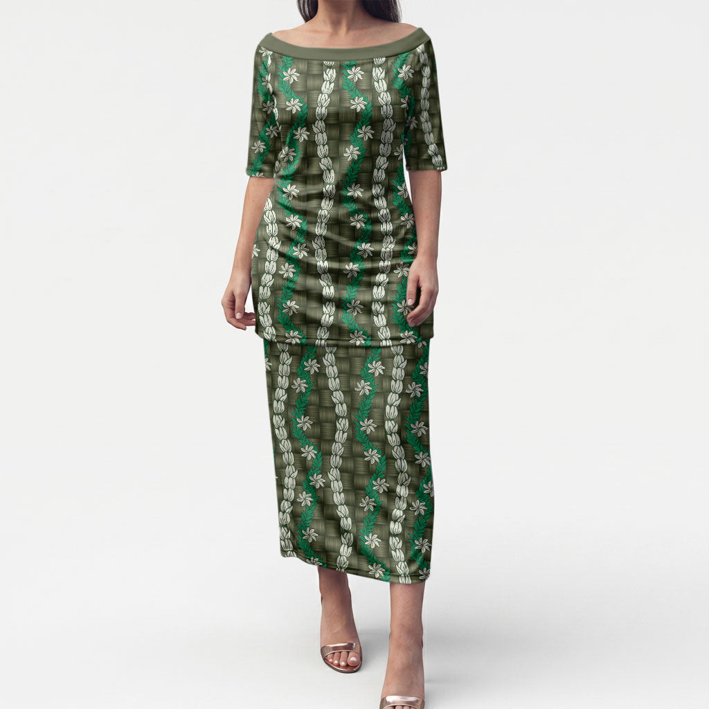 Pikake Maile Tiare Lei Puletasi Omaomao Lauhala Pattern LT01 Long Dress Green - Polynesian Pride