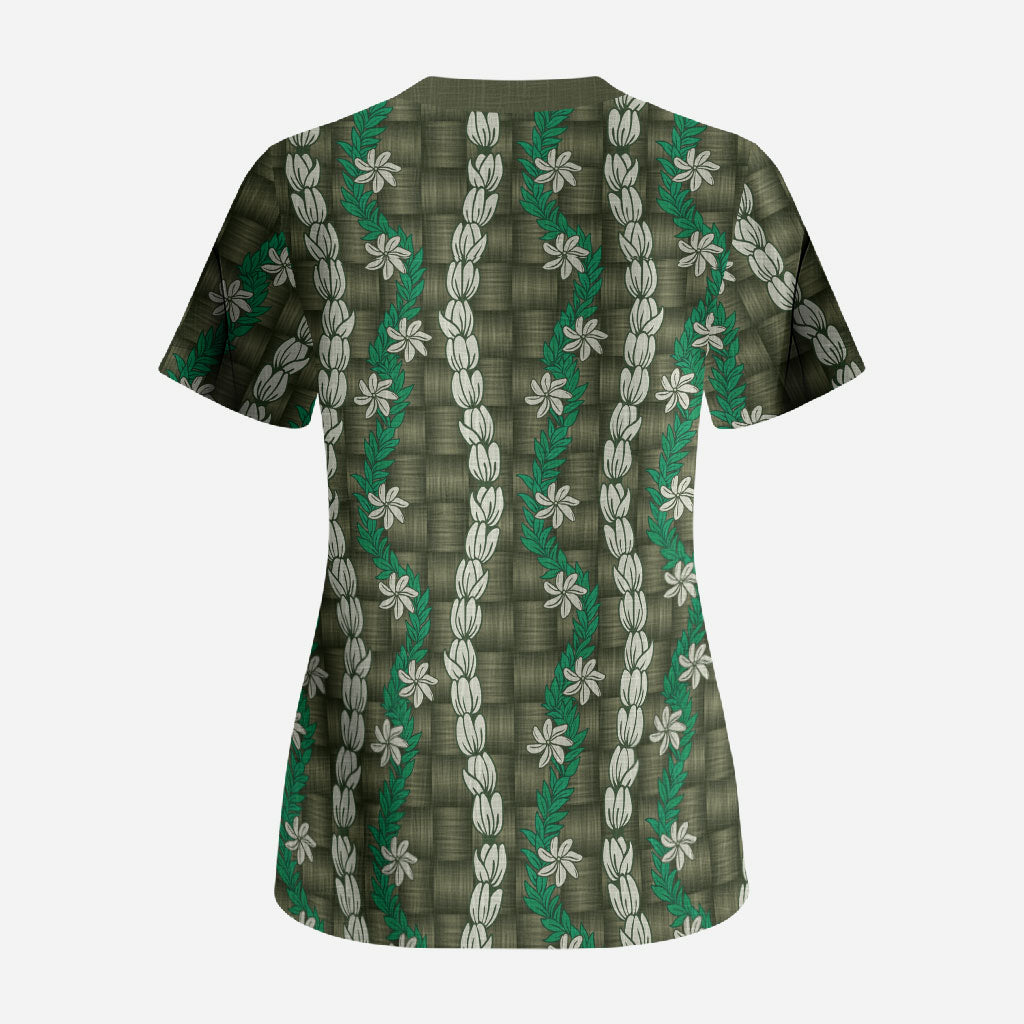 Pikake Maile Tiare Lei Scrub Top Omaomao Lauhala Pattern
