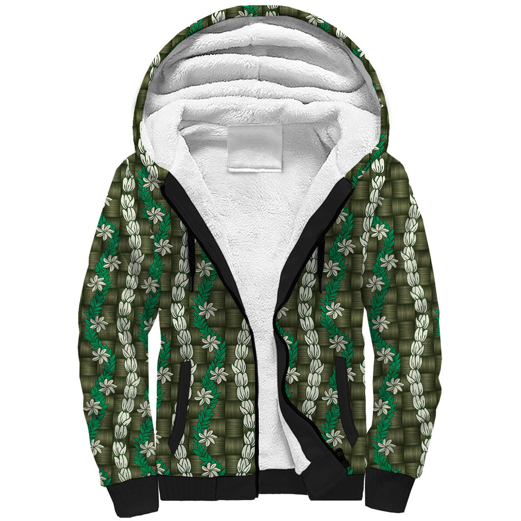 Pikake Maile Tiare Lei Sherpa Hoodie Omaomao Lauhala Pattern LT01 Unisex Green - Polynesian Pride