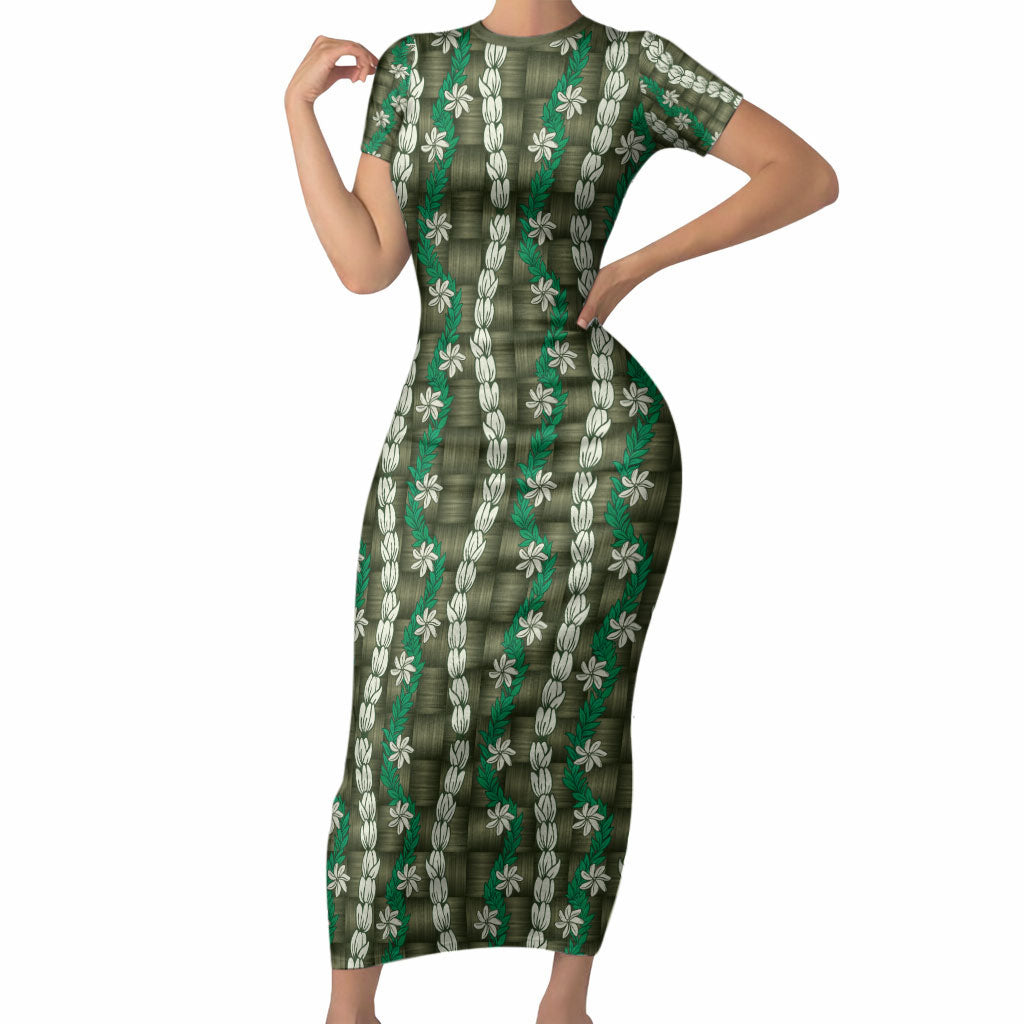 Pikake Maile Tiare Lei Short Sleeve Bodycon Dress Omaomao Lauhala Pattern LT01 Long Dress Green - Polynesian Pride