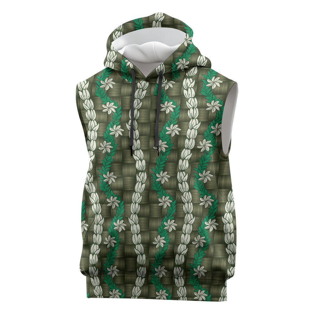 Pikake Maile Tiare Lei Sleeveless Hoodie Omaomao Lauhala Pattern LT01 Green - Polynesian Pride
