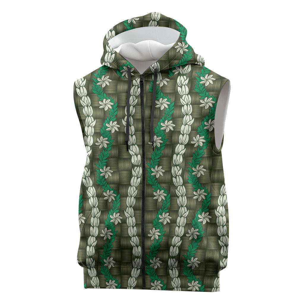 Pikake Maile Tiare Lei Sleeveless Zip Hoodie Omaomao Lauhala Pattern LT01 Green - Polynesian Pride
