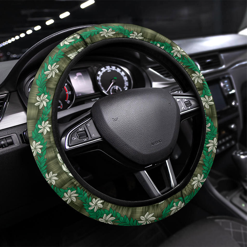 Pikake Maile Tiare Lei Steering Wheel Cover Omaomao Lauhala Pattern LT01 Universal Fit Green - Polynesian Pride