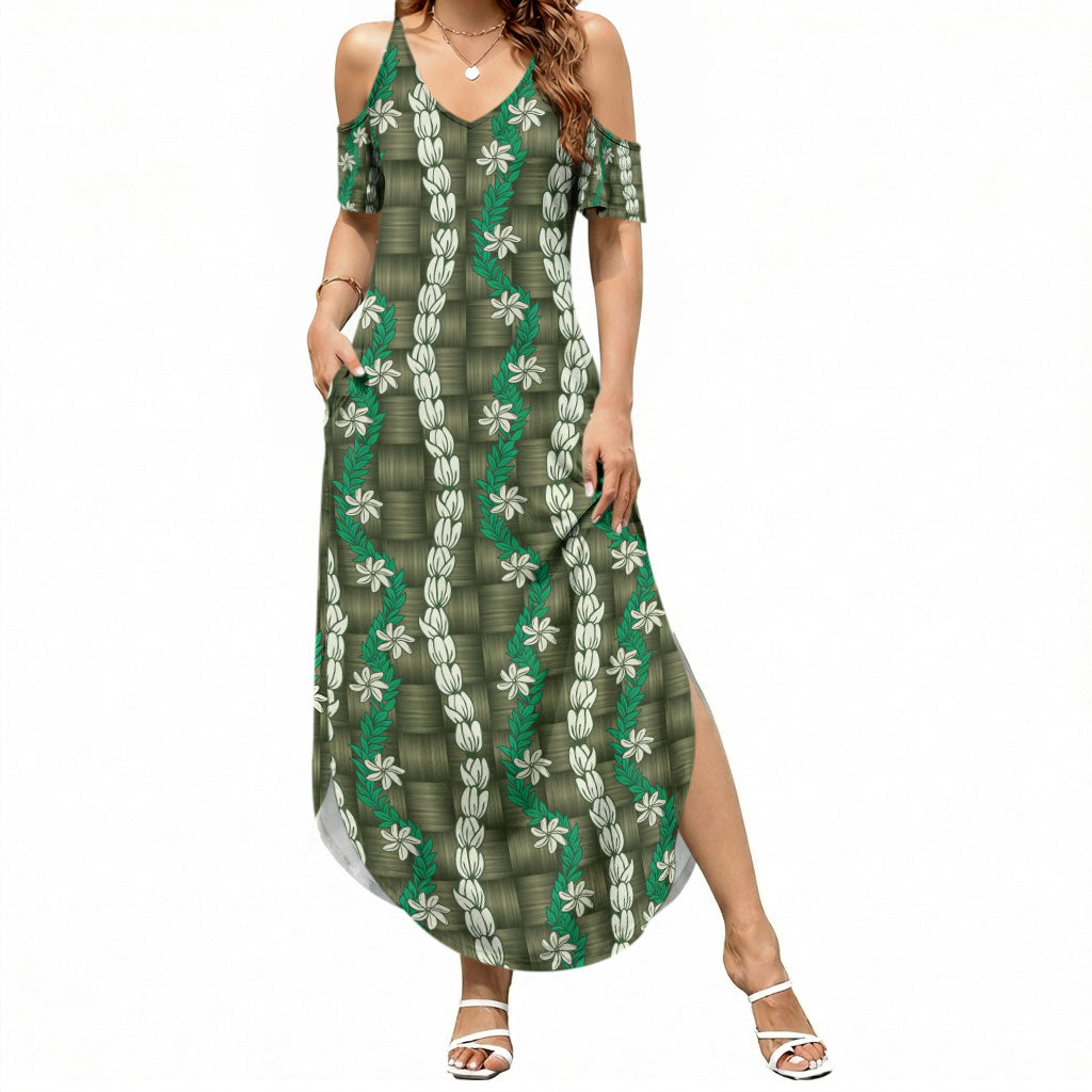 Pikake Maile Tiare Lei Summer Maxi Dress Omaomao Lauhala Pattern LT01 Women Green - Polynesian Pride