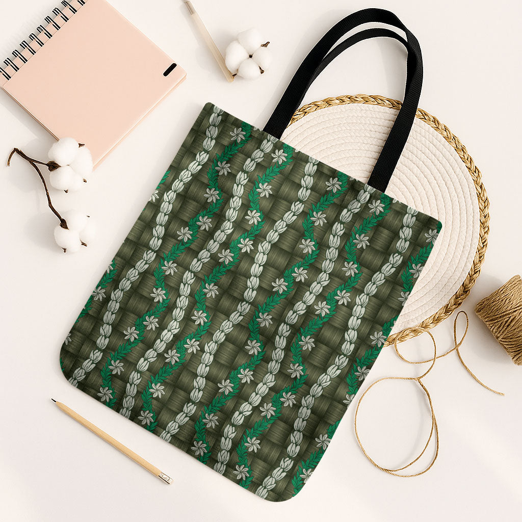 Pikake Maile Tiare Lei Tote Bag Omaomao Lauhala Pattern LT01 Black Strap One Size Green - Polynesian Pride