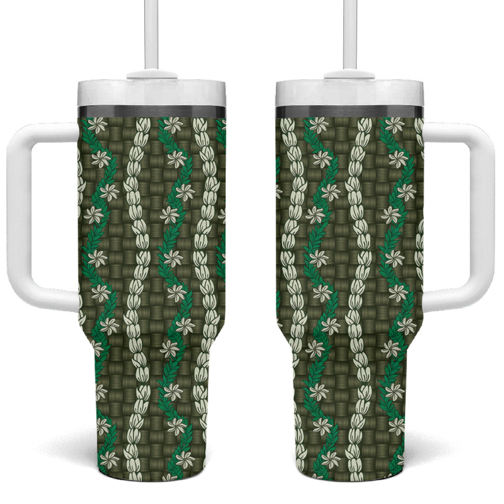 Pikake Maile Tiare Lei Tumbler With Handle Omaomao Lauhala Pattern LT01 One Size: 40 oz Green - Polynesian Pride