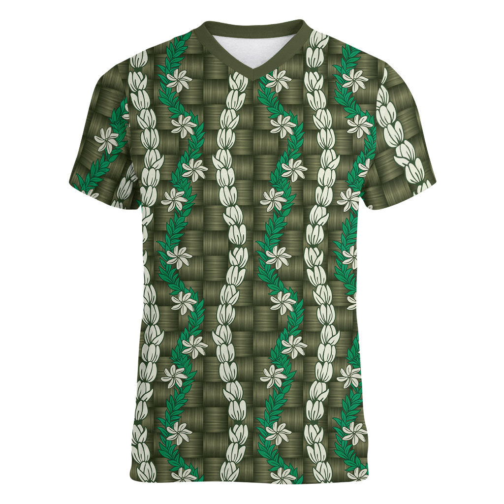 Pikake Maile Tiare Lei Women V-Neck T-Shirt Omaomao Lauhala Pattern LT01 Female Green - Polynesian Pride