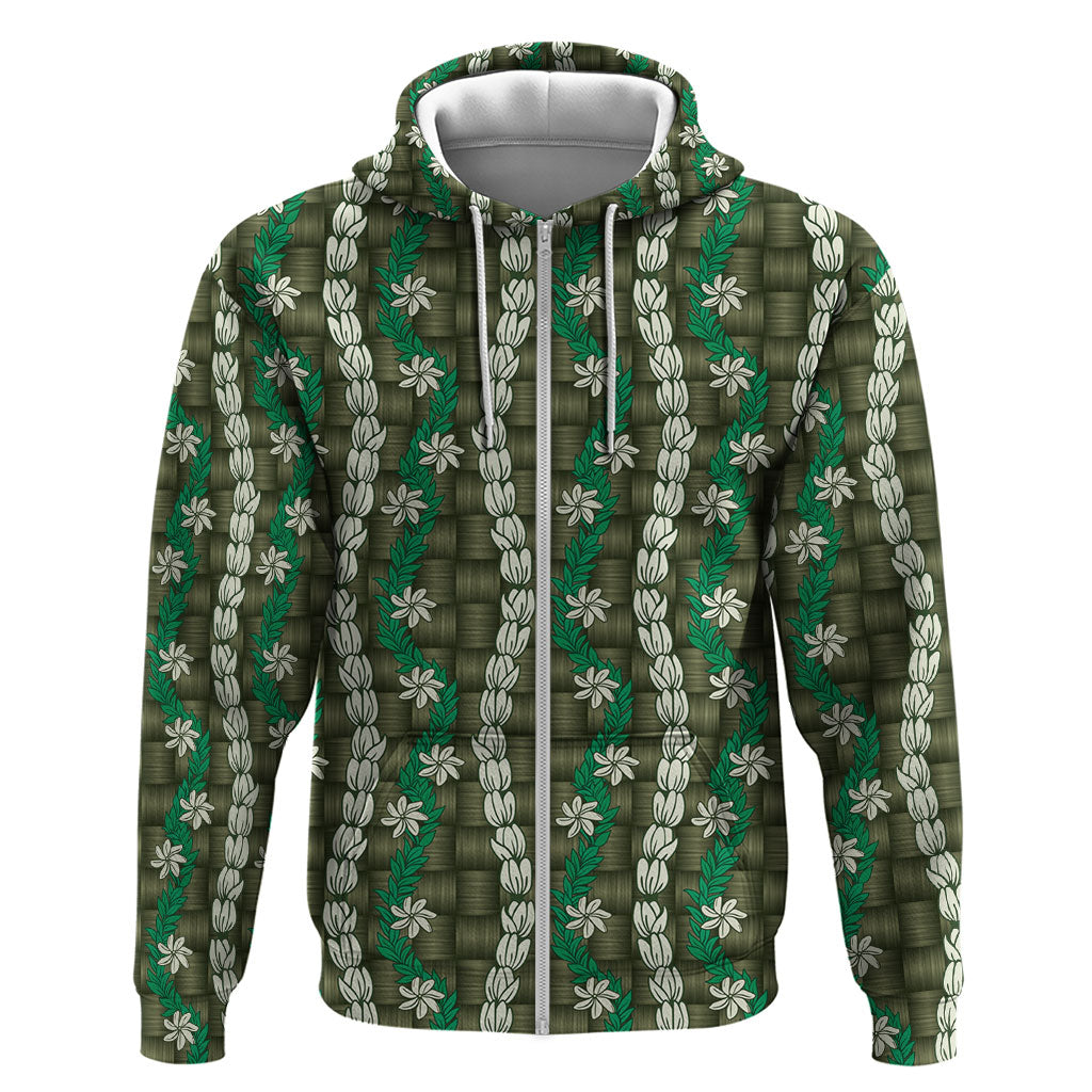 Pikake Maile Tiare Lei Zip Hoodie Omaomao Lauhala Pattern LT01 Zip Hoodie Green - Polynesian Pride