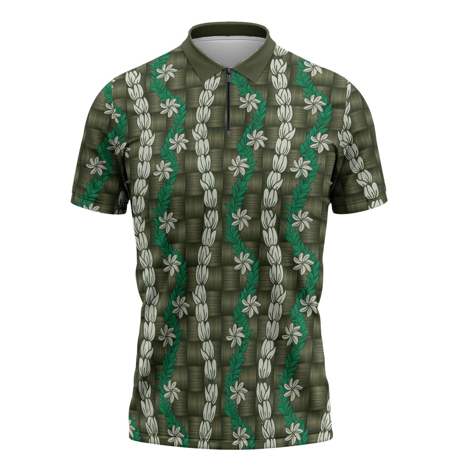 Pikake Maile Tiare Lei Zipper Polo Shirt Omaomao Lauhala Pattern LT01 Green - Polynesian Pride