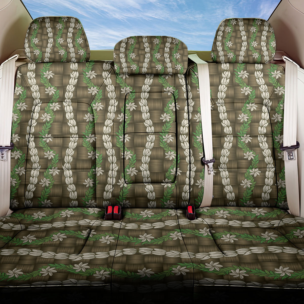 Pikake Maile Tiare Lei Back Car Seat Cover Natural Lauhala Pattern LT01 One Size Brown - Polynesian Pride
