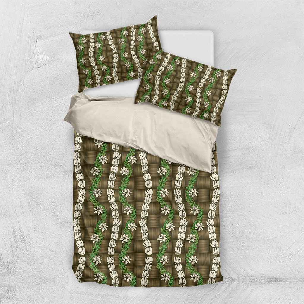 Pikake Maile Tiare Lei Bedding Set Natural Lauhala Pattern