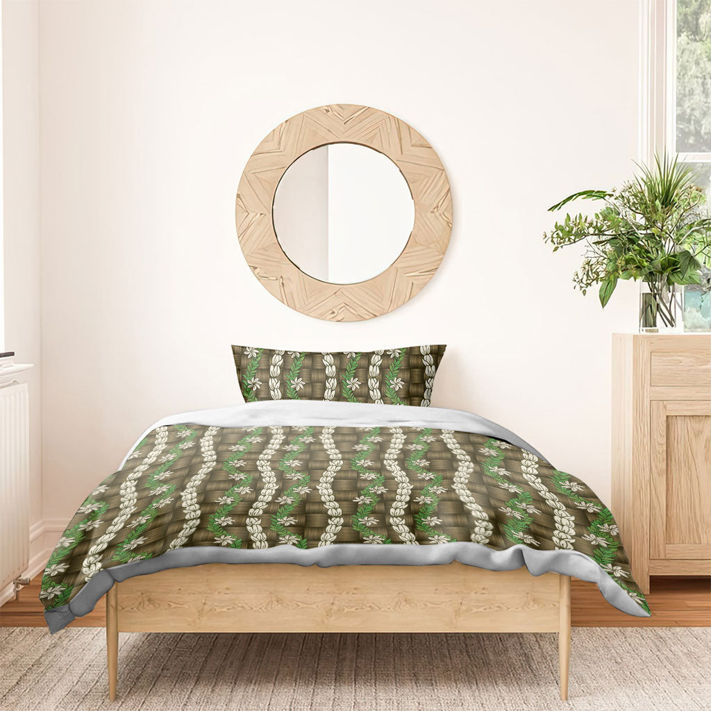 Pikake Maile Tiare Lei Bedding Set Natural Lauhala Pattern