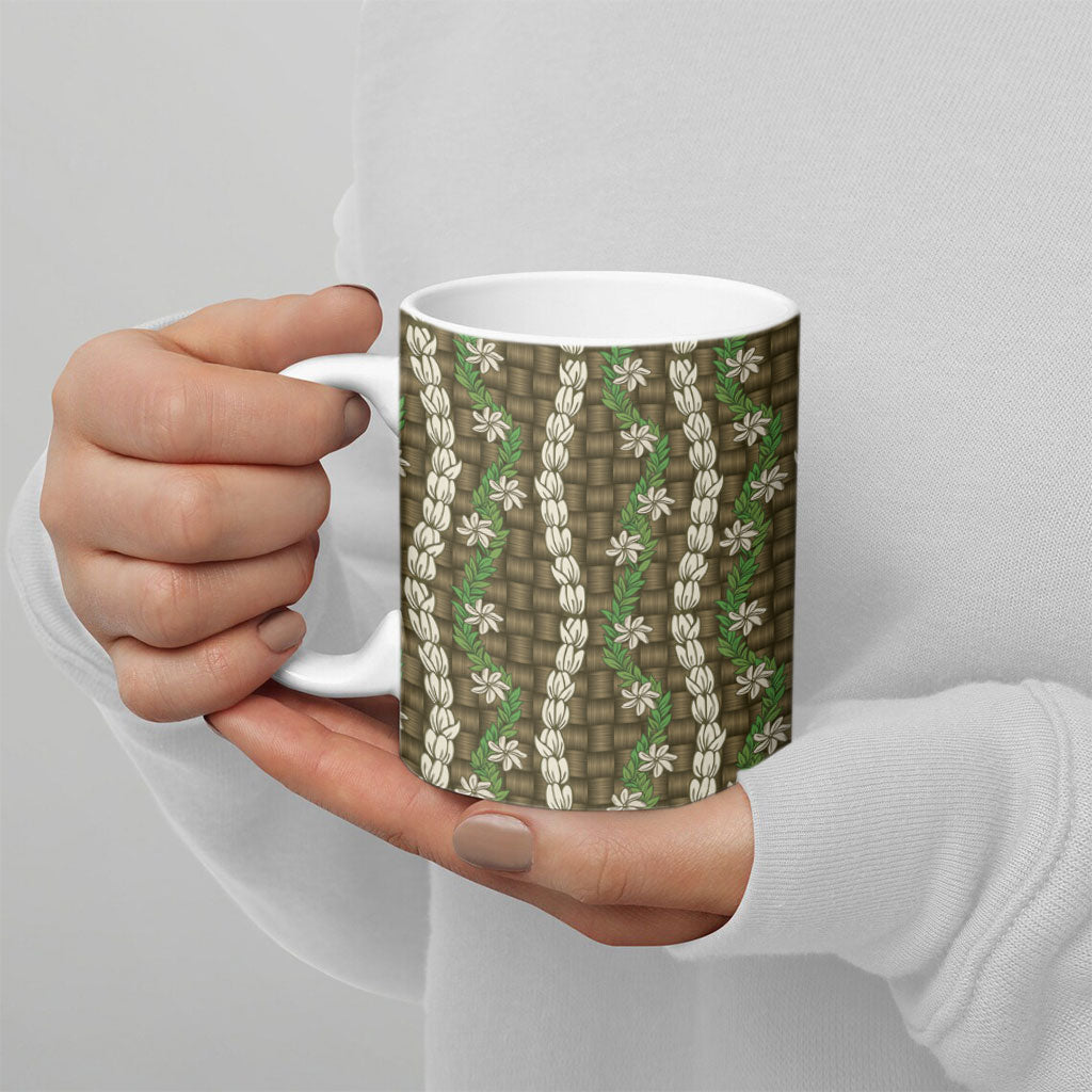 Pikake Maile Tiare Lei Ceramic Mug Natural Lauhala Pattern