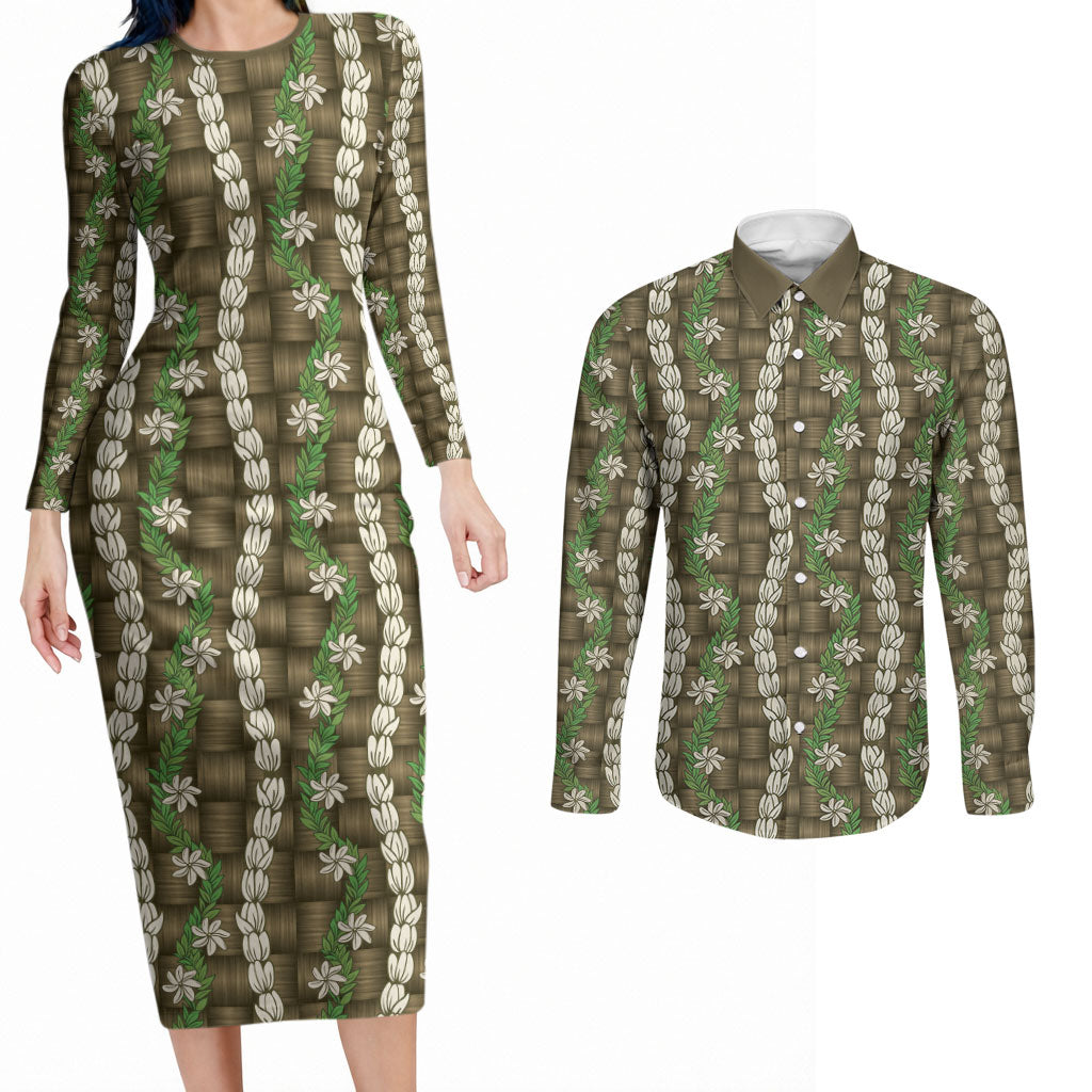Pikake Maile Tiare Lei Couples Matching Long Sleeve Bodycon Dress and Long Sleeve Button Shirt Natural Lauhala Pattern LT01 Brown - Polynesian Pride