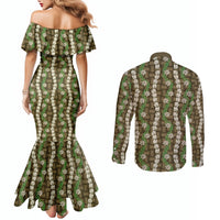 Pikake Maile Tiare Lei Couples Matching Mermaid Dress and Long Sleeve Button Shirt Natural Lauhala Pattern
