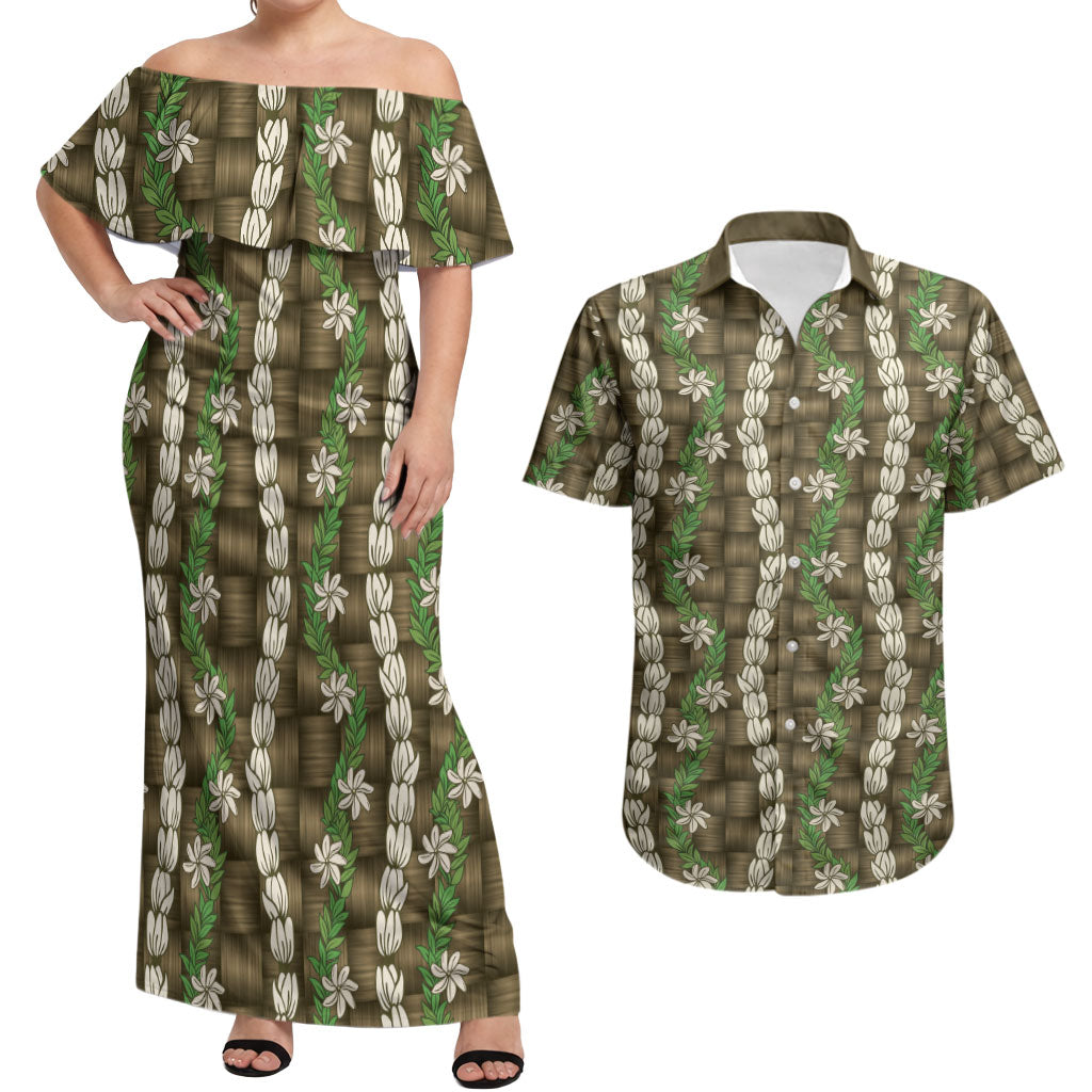Pikake Maile Tiare Lei Couples Matching Off Shoulder Maxi Dress and Hawaiian Shirt Natural Lauhala Pattern LT01 Brown - Polynesian Pride